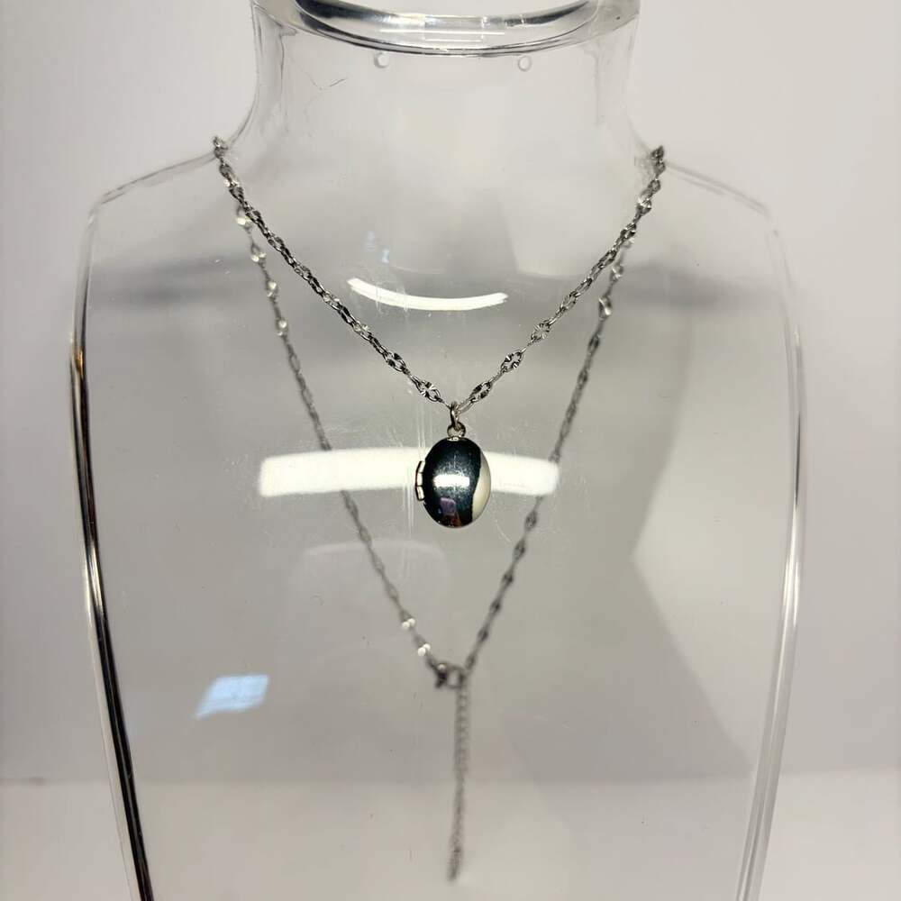 Stainless Steel Oval Locket Necklace Silver Tone